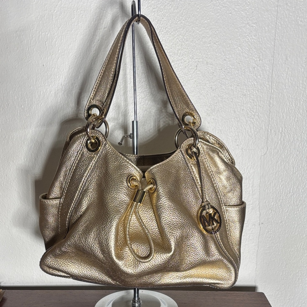 Michael Kors Metallic Gold Shoulder Bag with Drawstring Detail